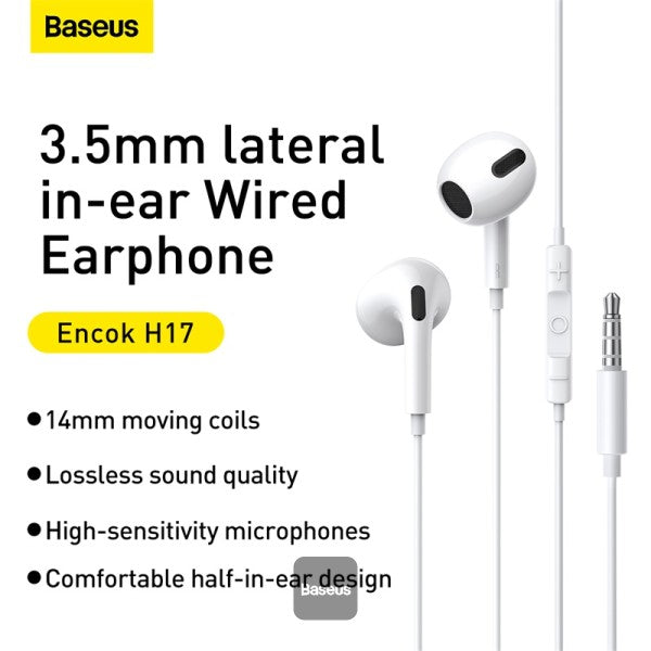 Baseus Écouteurs intra-auriculaires filaires  Encok 3,5 mm latéraux H17 - Blanc